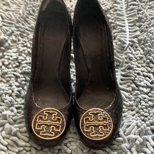 Tory Burch moc croc patent wedge.